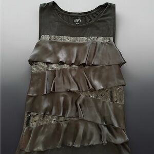 LOFT Black Satin Ruffle & Sequin Tank